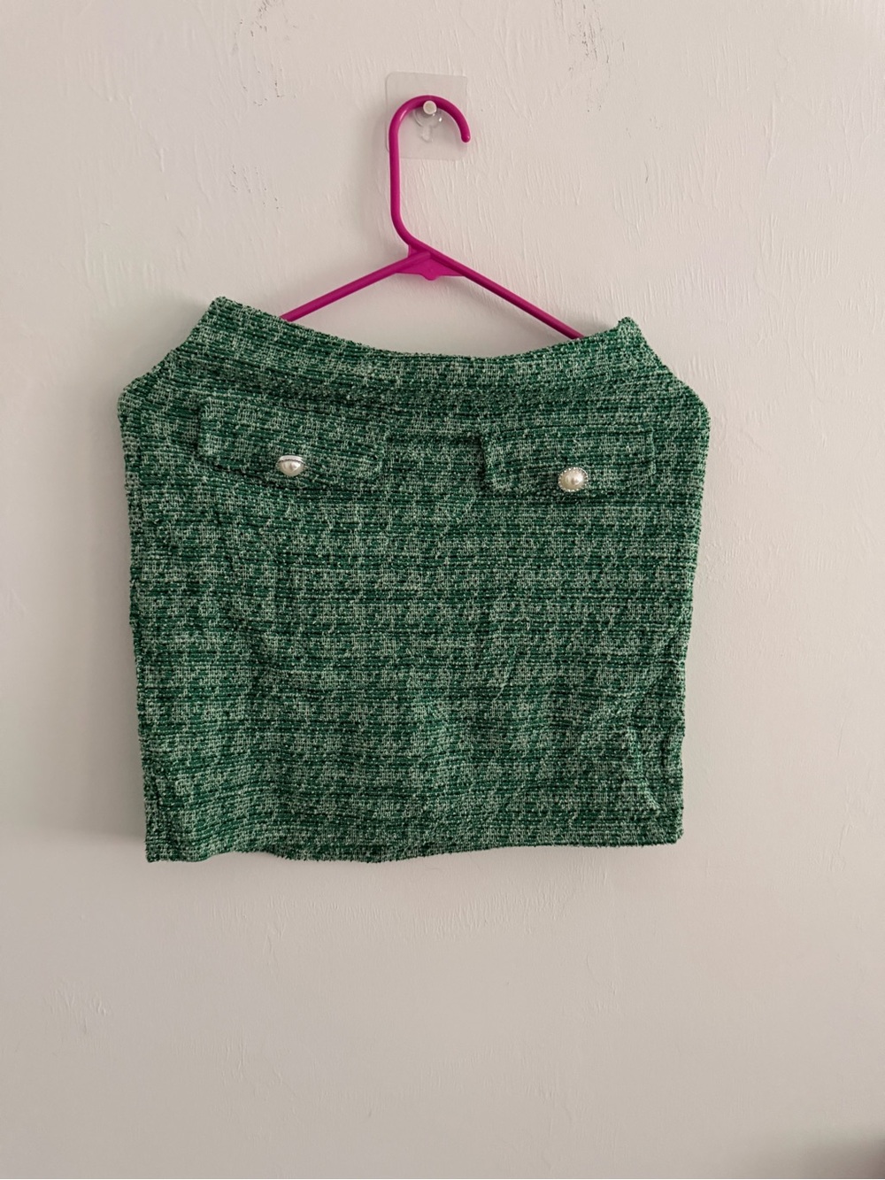 Green Tweed Pearl-Button Mini Skirt